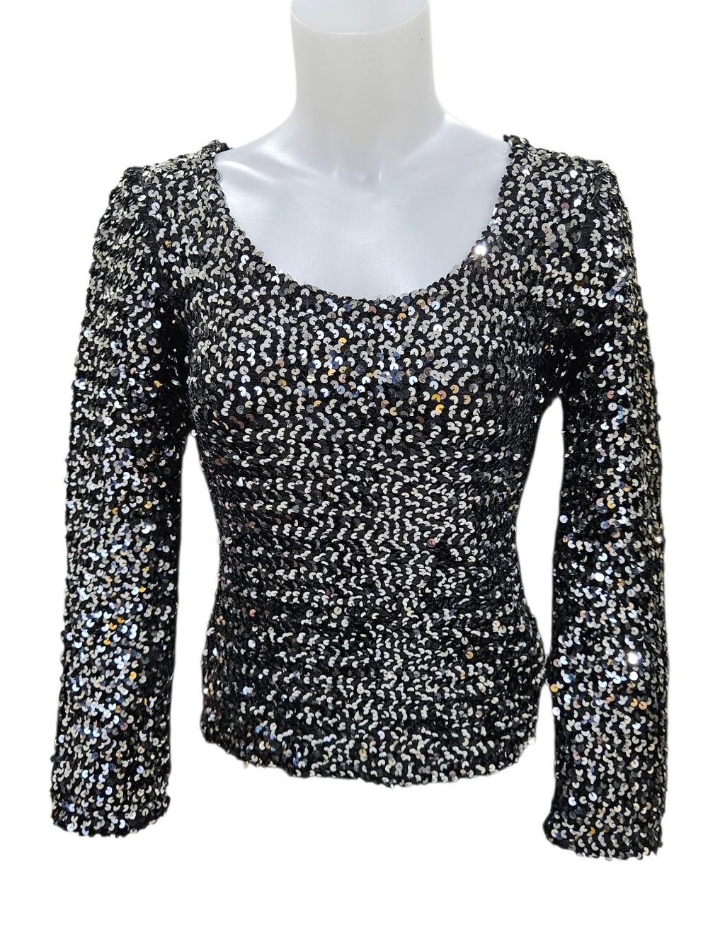 VTG Lillie Rubin Black Silver Sequin Top Sweater Sz M Retro Glam Thick Stretch
